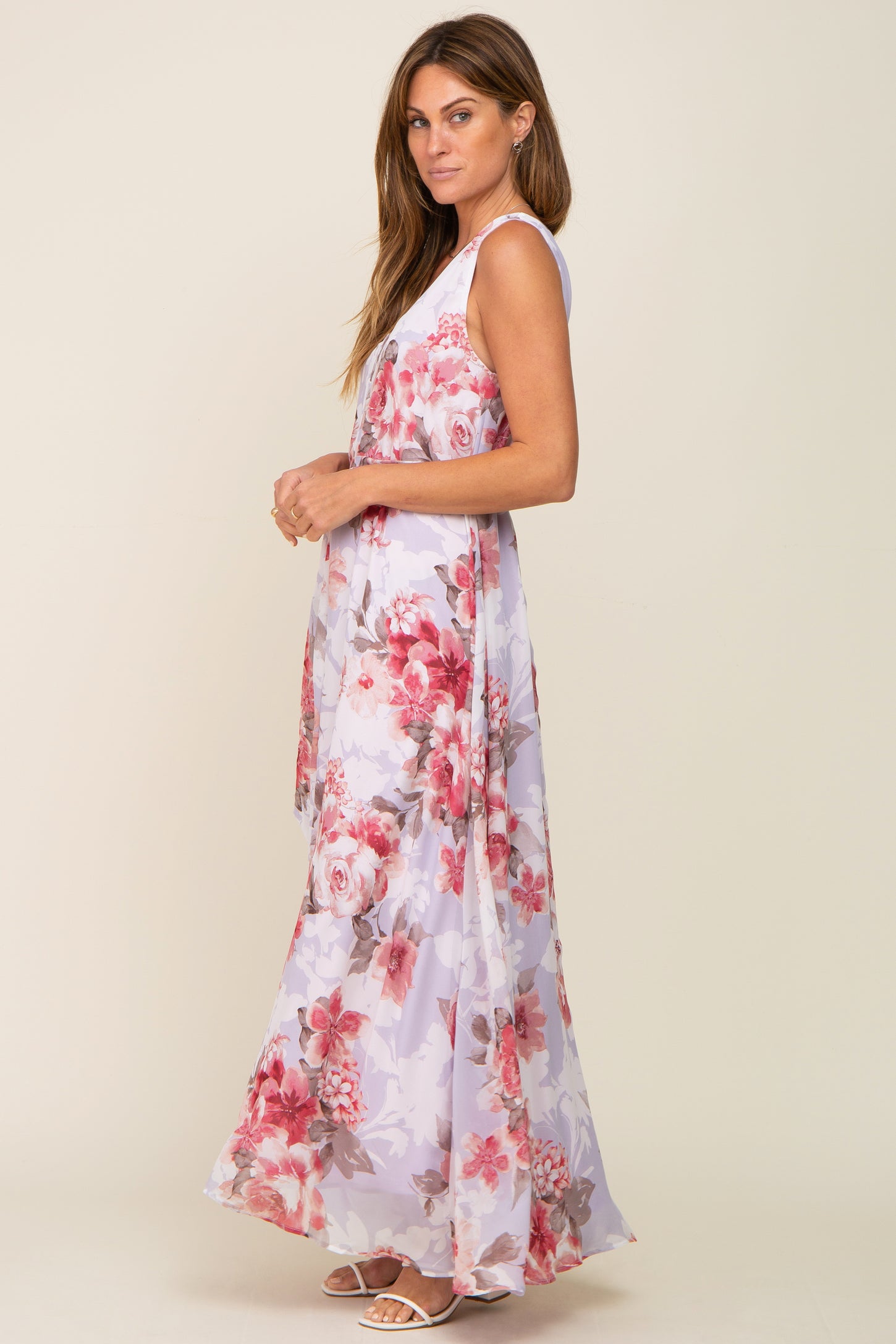 Red Floral Chiffon Double V-Neck Sleeveless Maxi Dress