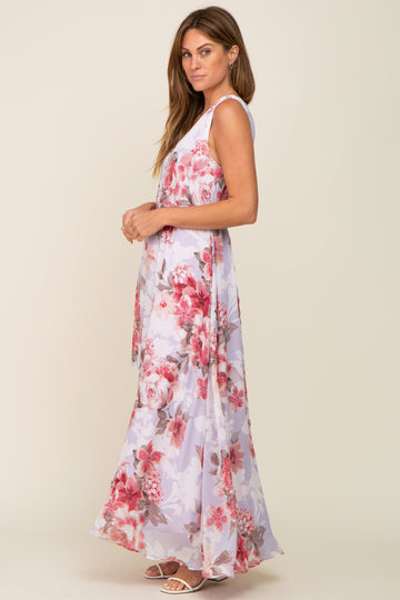 Red Floral Chiffon Double V-Neck Sleeveless Maxi Dress