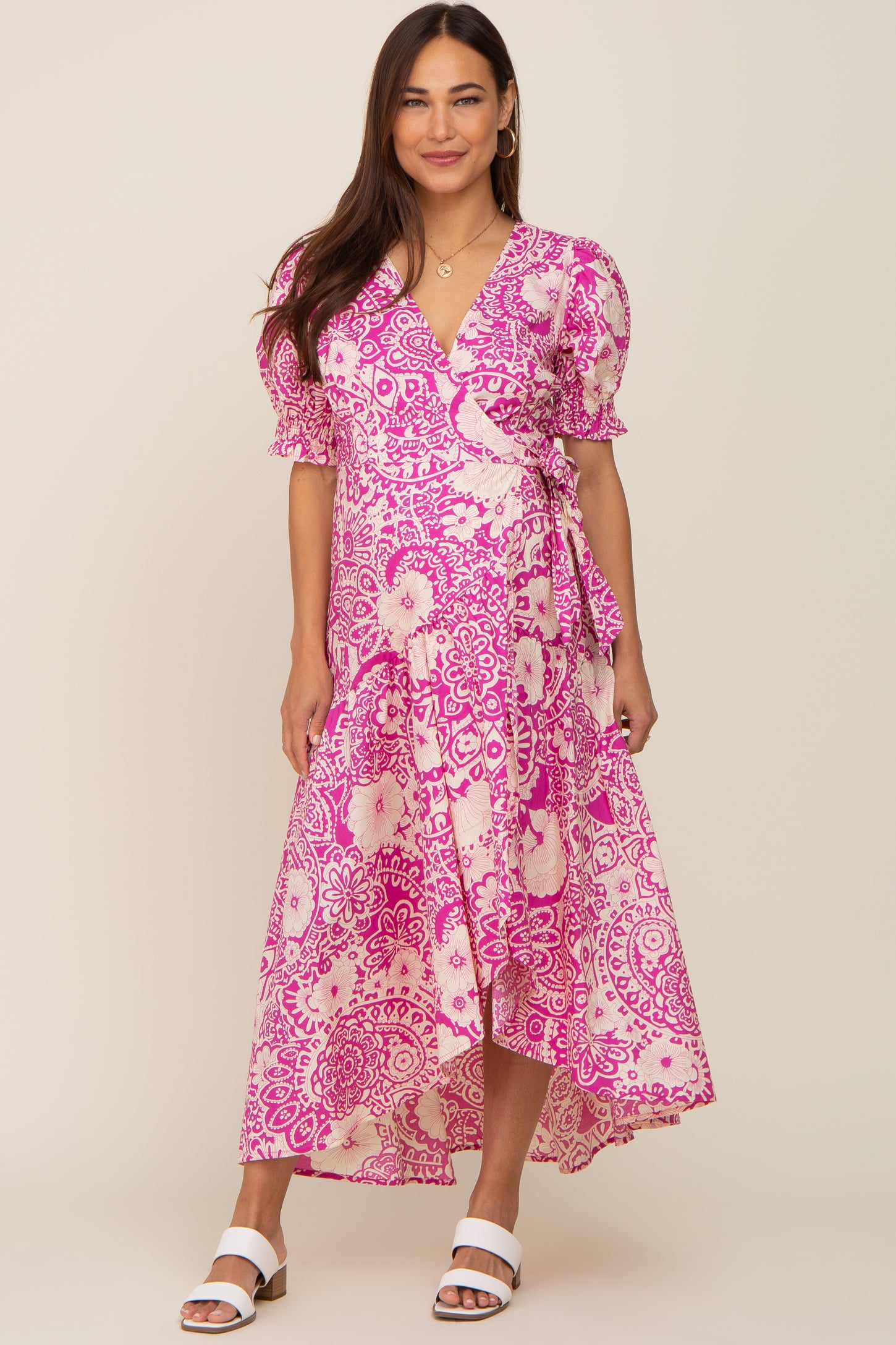 Magenta Floral Paisley Wrap Maternity Dress