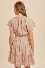 Dusty Pink Floral Tassel Tie Neck Mini Dress