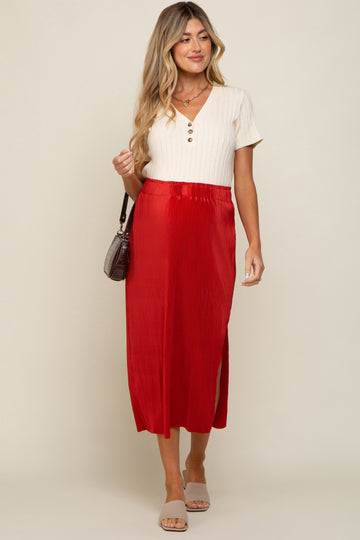 Rust Red Pleated Side Slit Maternity Midi Skirt