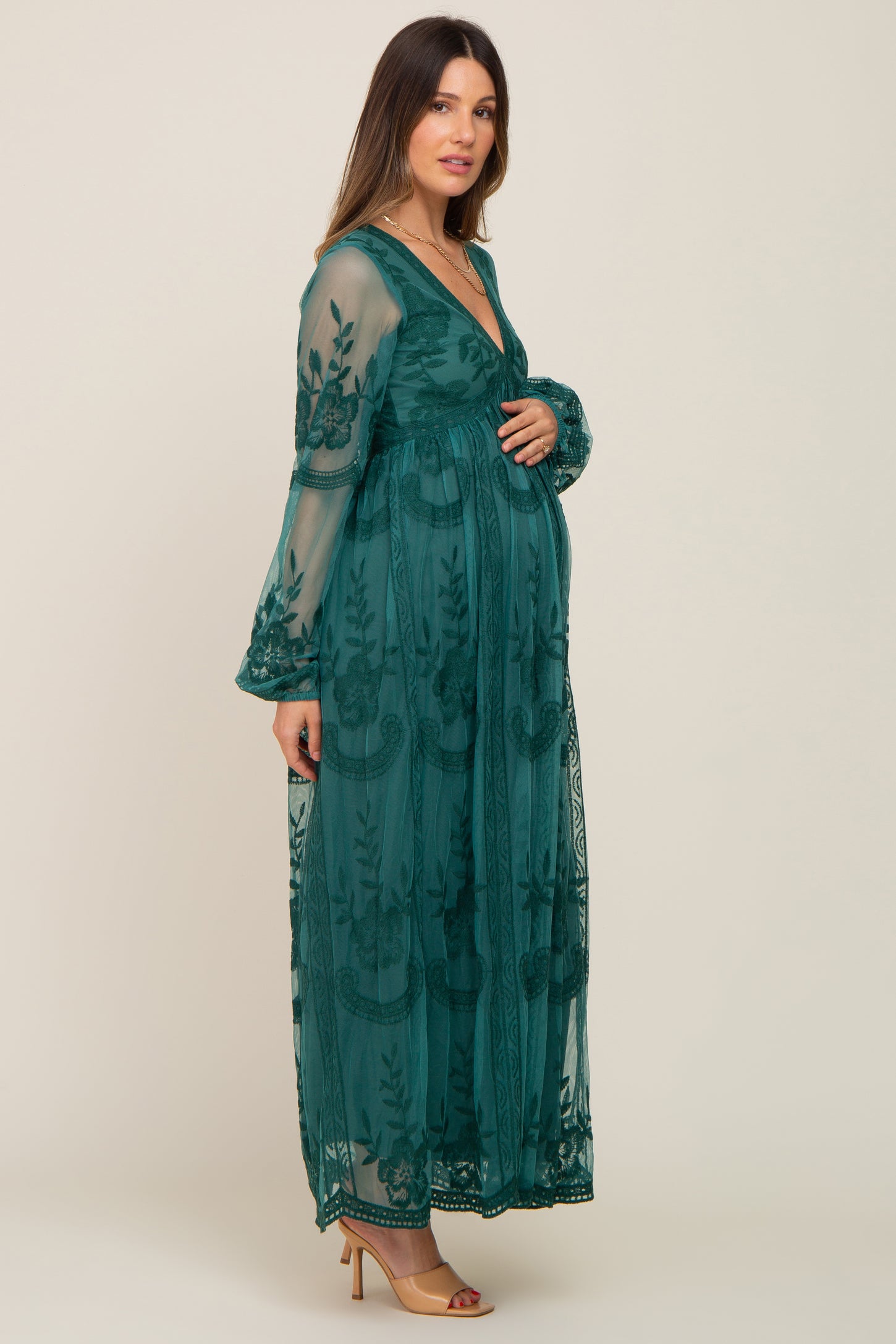 PinkBlush Emerald Green Lace Mesh Overlay Long Sleeve Maternity Maxi Dress