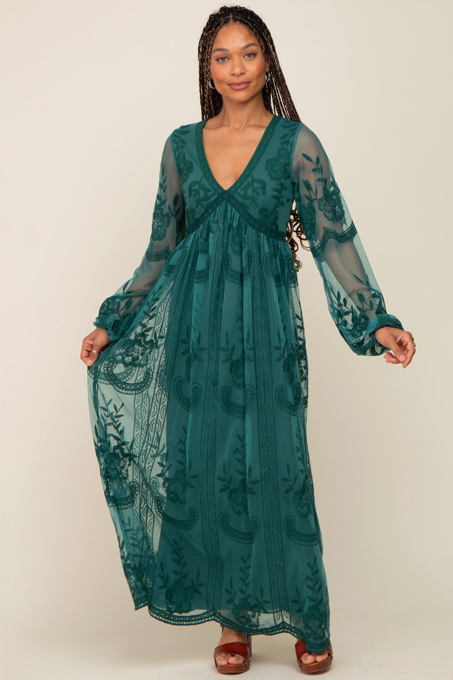 PinkBlush Emerald Green Lace Mesh Overlay Long Sleeve Maternity Maxi Dress