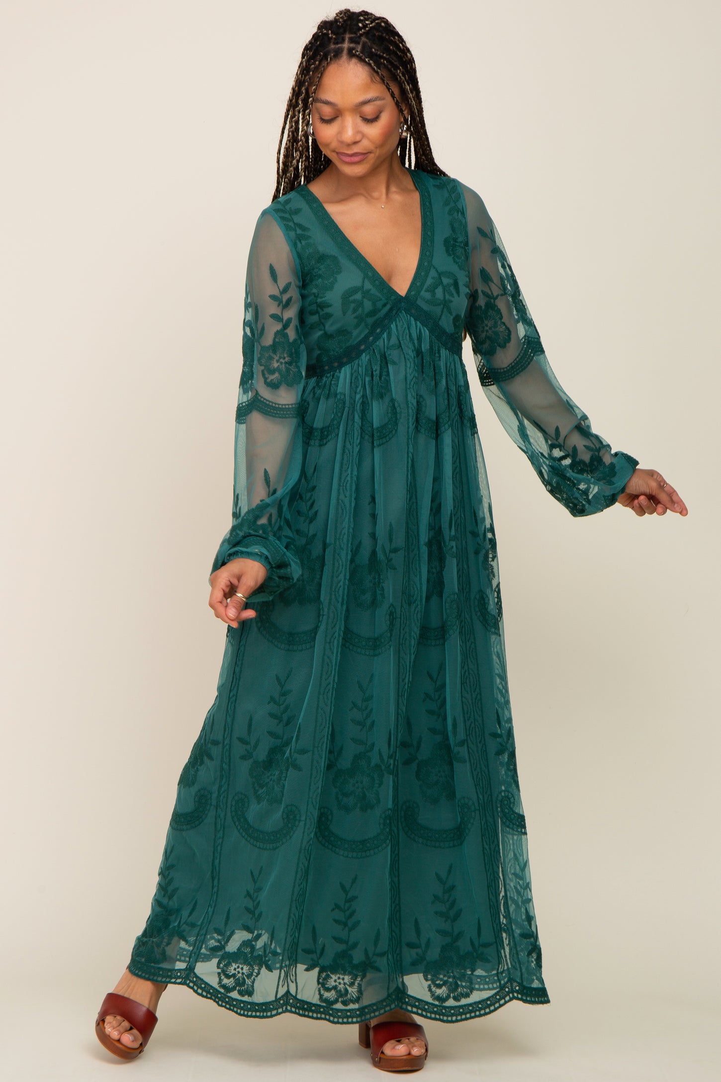 PinkBlush Emerald Green Lace Mesh Overlay Long Sleeve Maxi Dress PinkBlush Emerald Green Lace Mesh Overlay Long Sleeve Maxi Dress