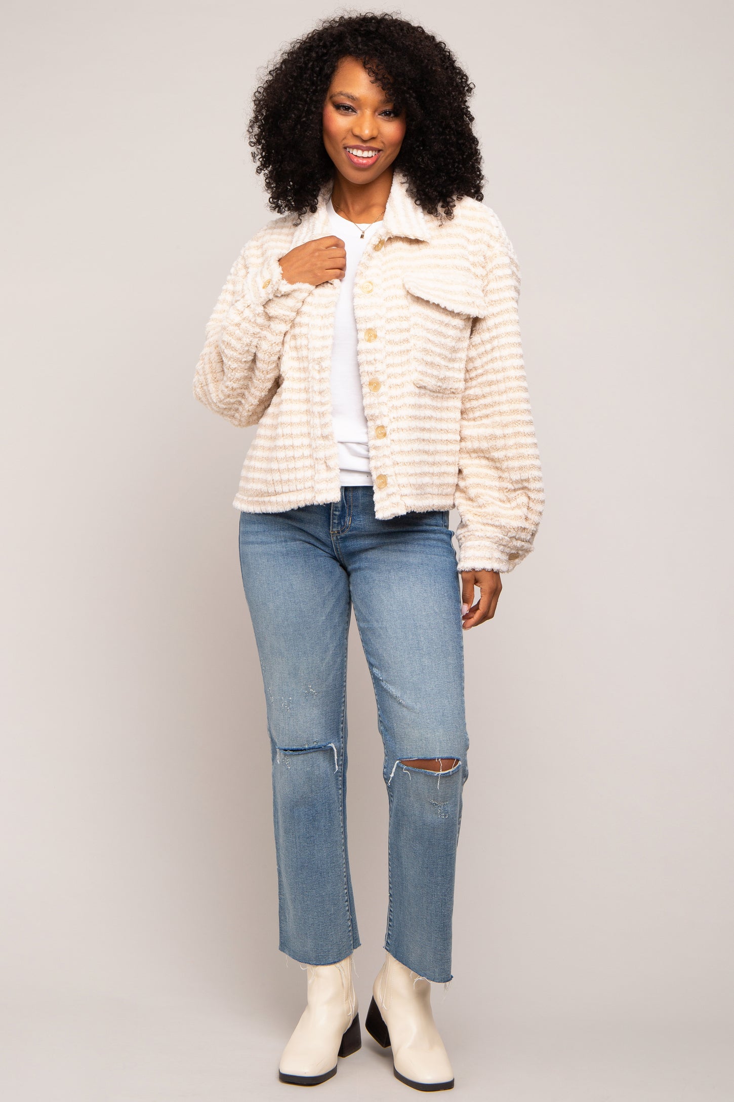 Cream Fuzzy Front Pocket Jacket