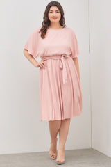 Pink Crepe Textured Waist Tie Maternity Plus Dress