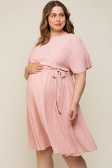 Pink Crepe Textured Waist Tie Maternity Plus Dress