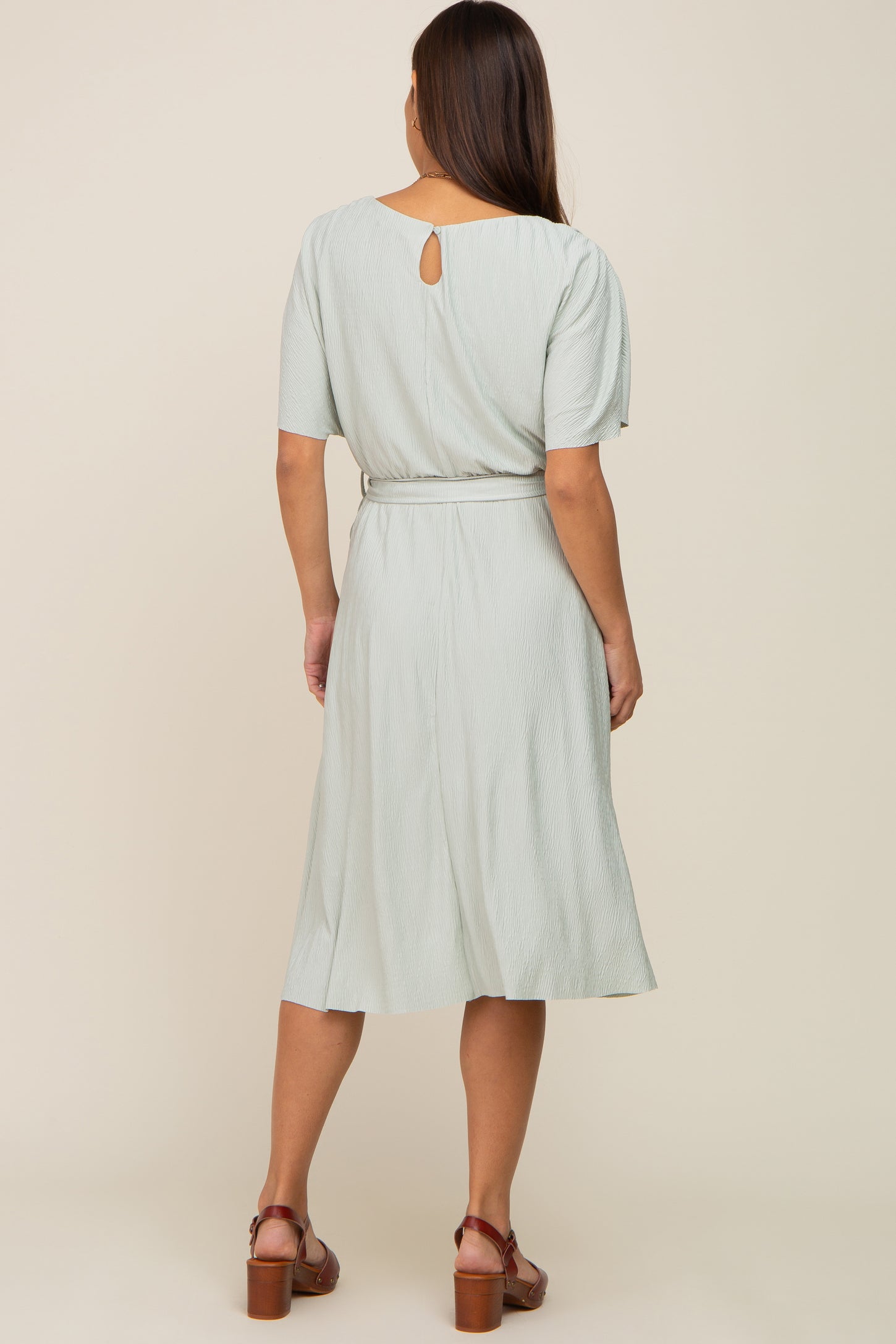 Mint Green Crinkle Knit Tie Waist Short Sleeve Maternity Dress