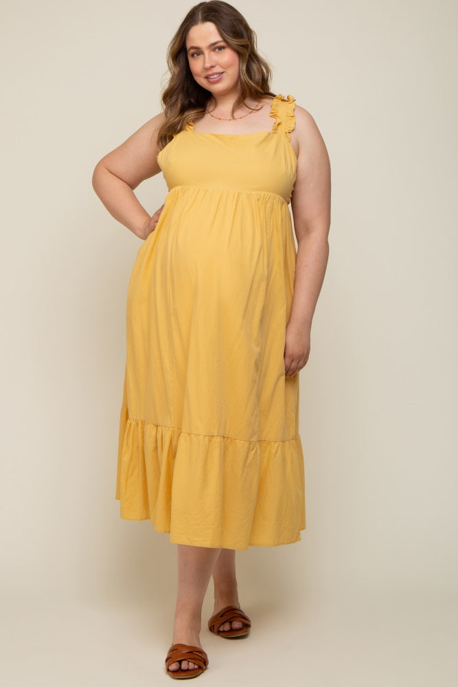 Yellow Ruffle Strap Back Tie Maternity Plus Midi Dress
