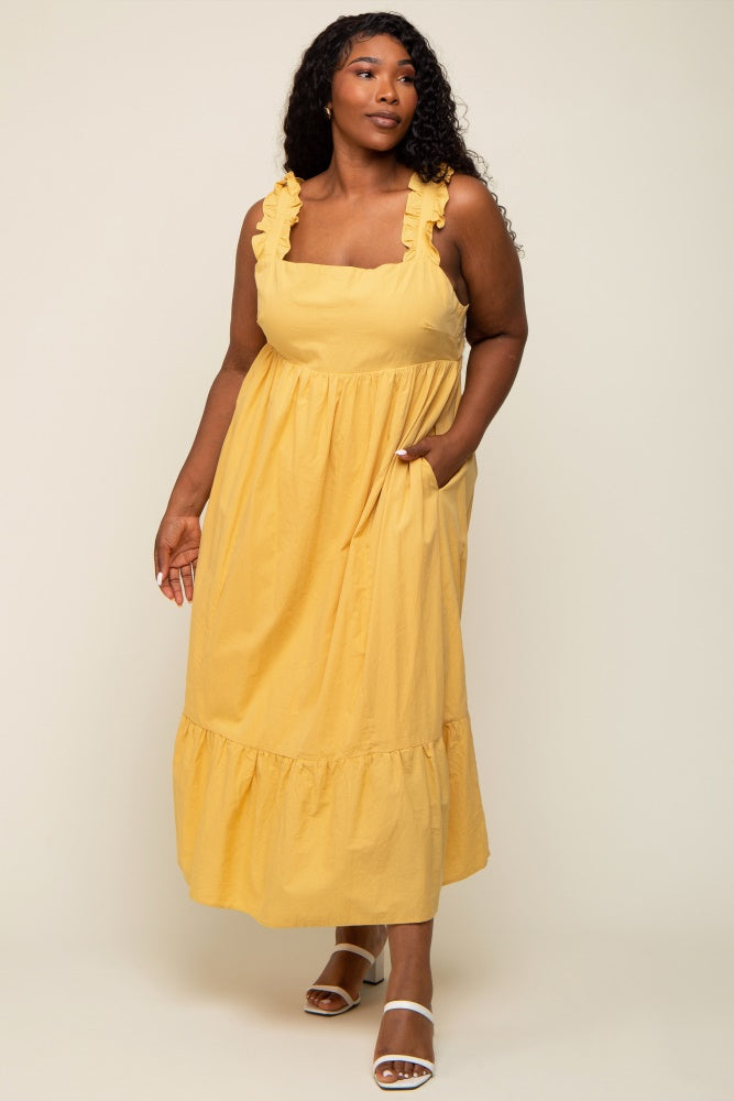 Yellow Ruffle Strap Back Tie Maternity Plus Midi Dress