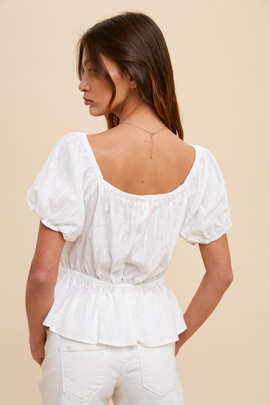 Off White Pin Tuck Peplum Peasant Blouse