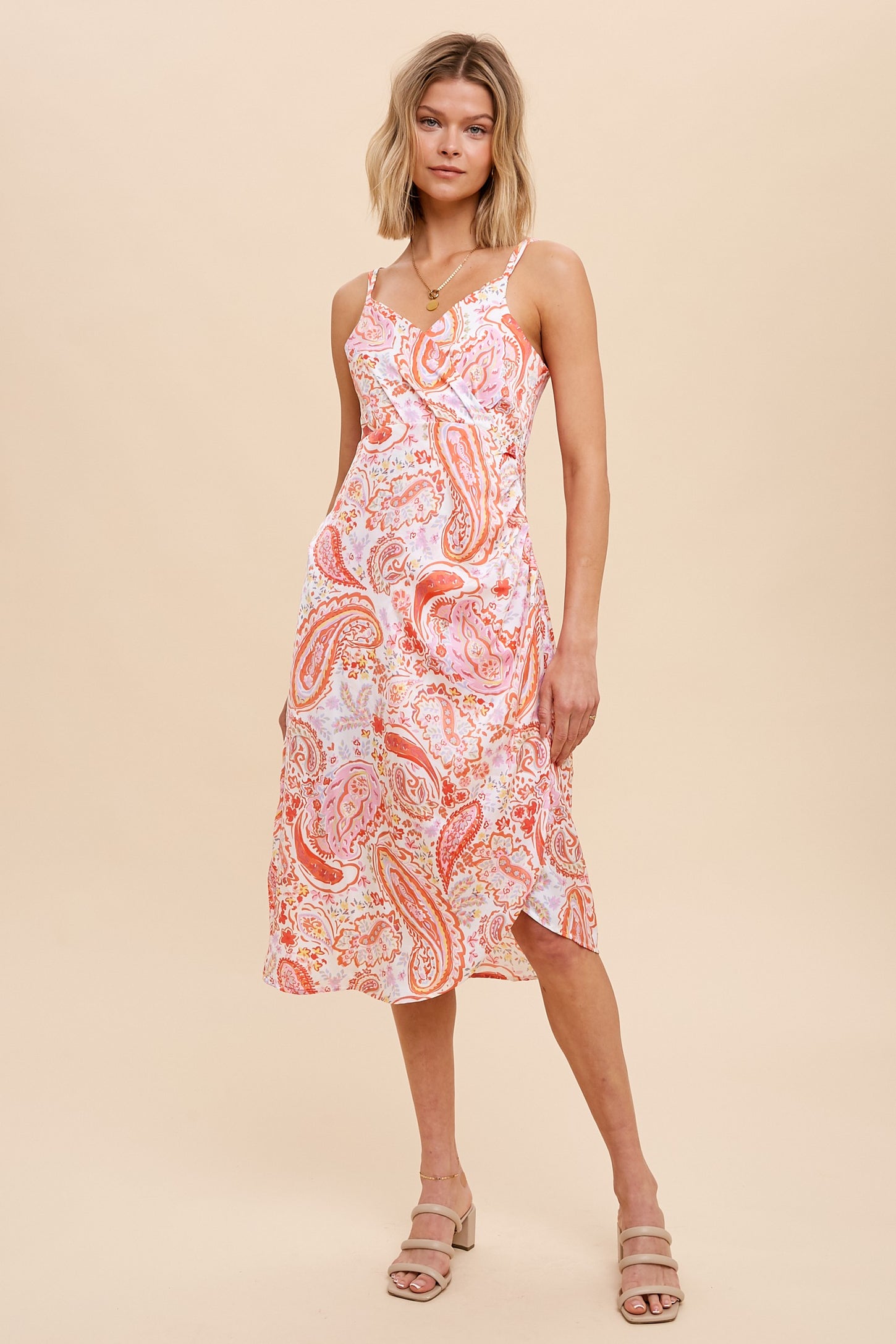 Coral V Neck Draped Satin Midi Dress