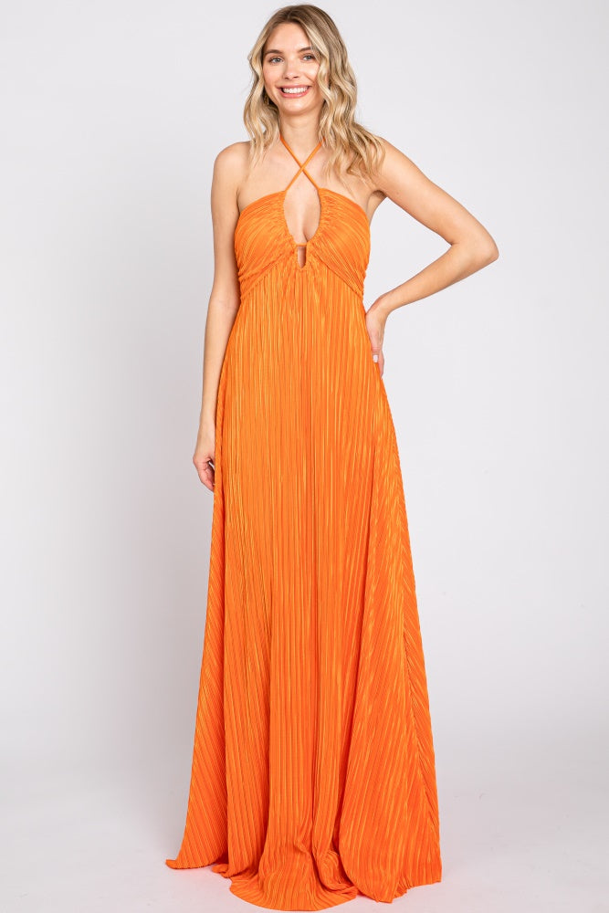 Orange Plisse Halter Back Tie Maxi Dress Orange Plisse Halter Back Tie Maxi Dress