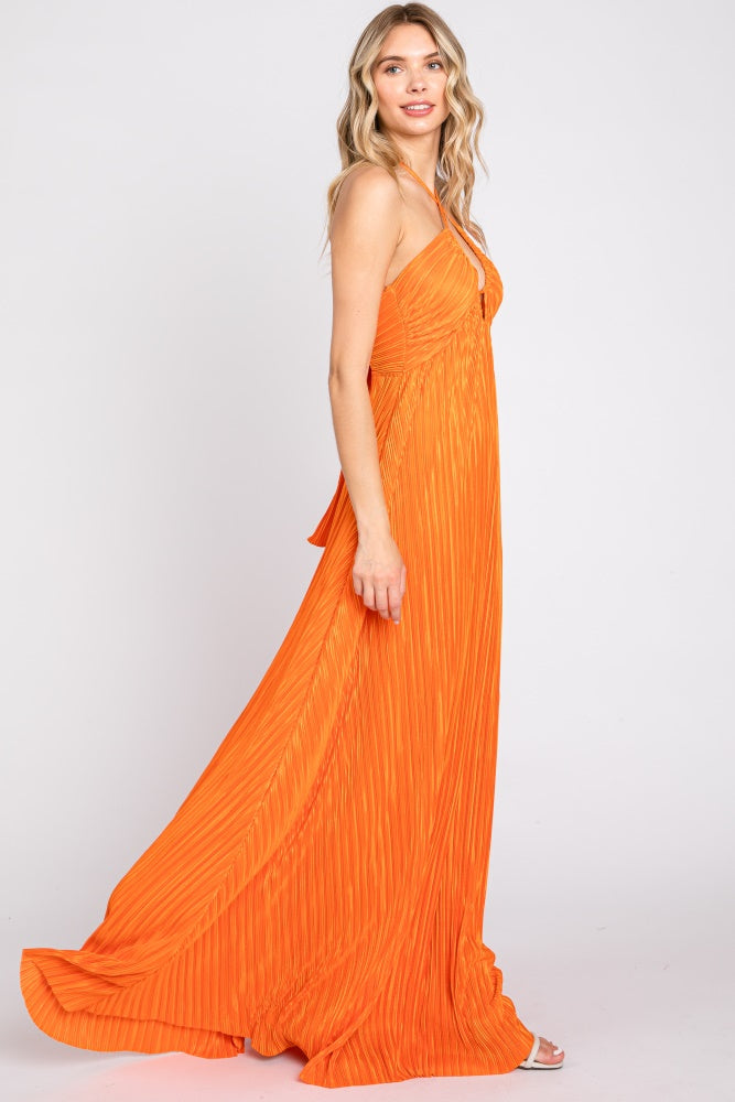 Orange Plisse Halter Back Tie Maxi Dress Orange Plisse Halter Back Tie Maxi Dress