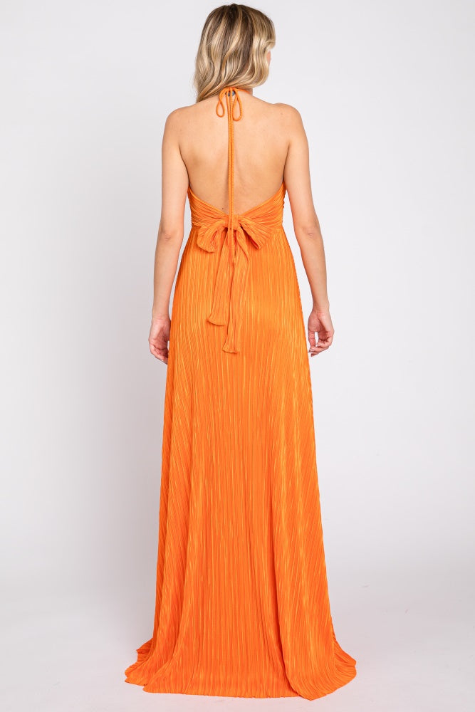Orange Plisse Halter Back Tie Maxi Dress Orange Plisse Halter Back Tie Maxi Dress