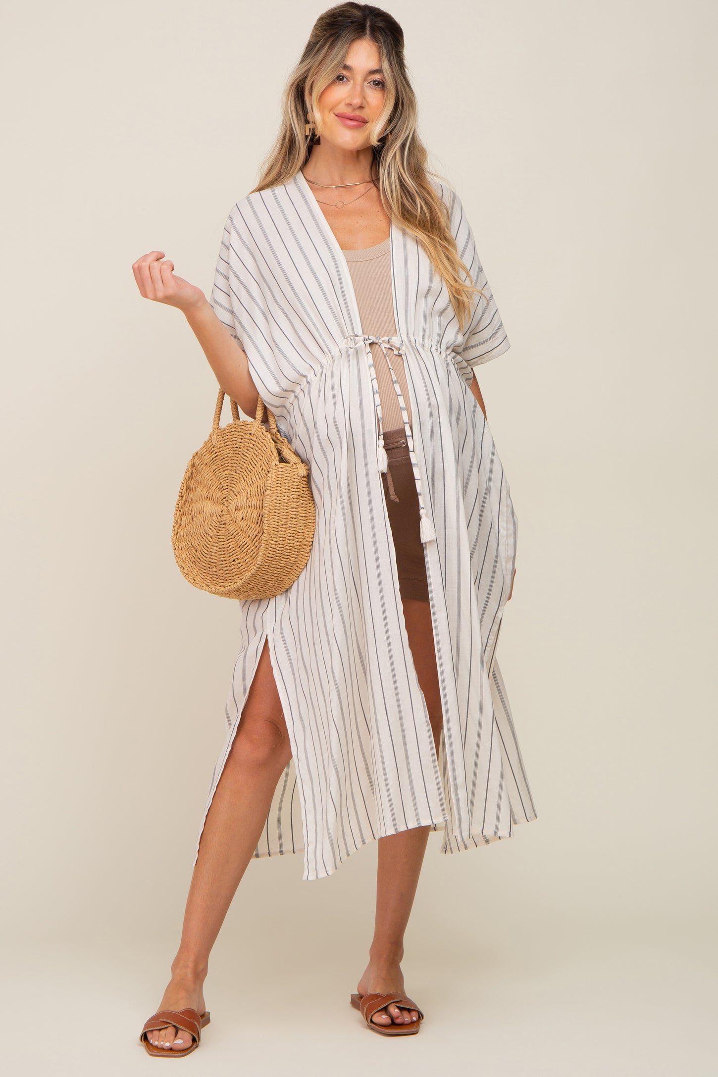 Ivory Striped Side Slit Tassel Tie Maternity Cover-Up