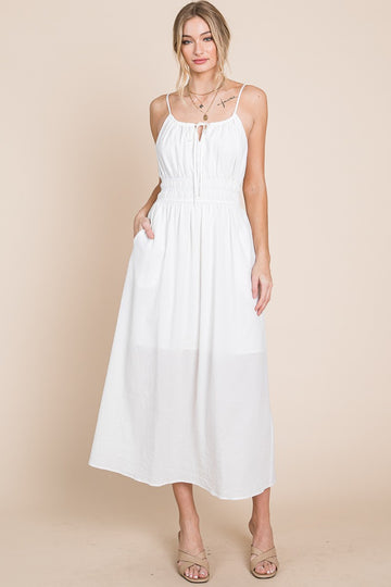 Off White Textured Woven Cami Midi Dress With Pockets