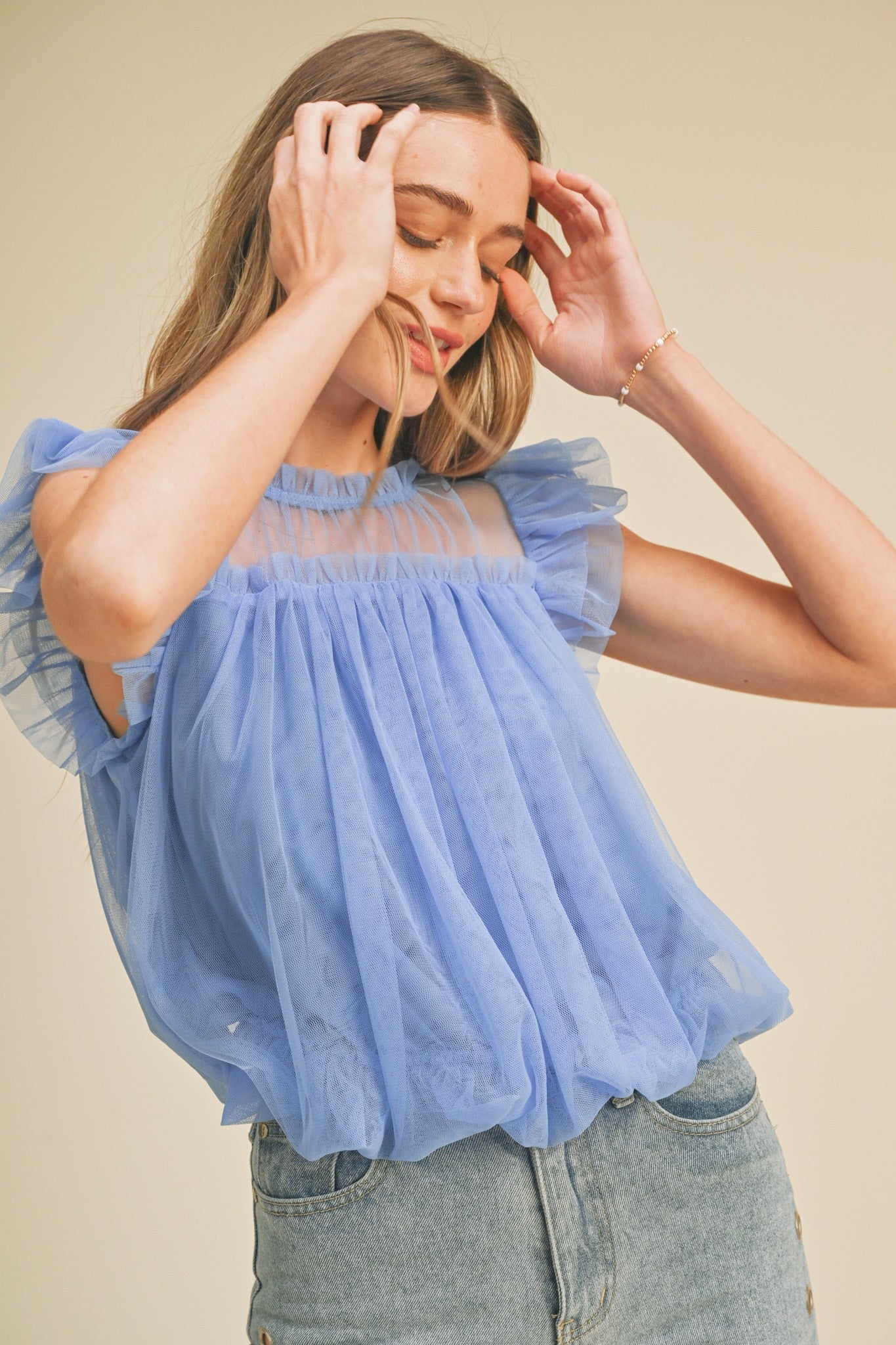 Blue Mesh Ruffled Flutter Sleeve Top
