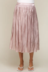 Light Pink Pleated Shimmer Satin Maternity Midi Skirt