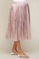 Light Pink Pleated Shimmer Satin Maternity Midi Skirt