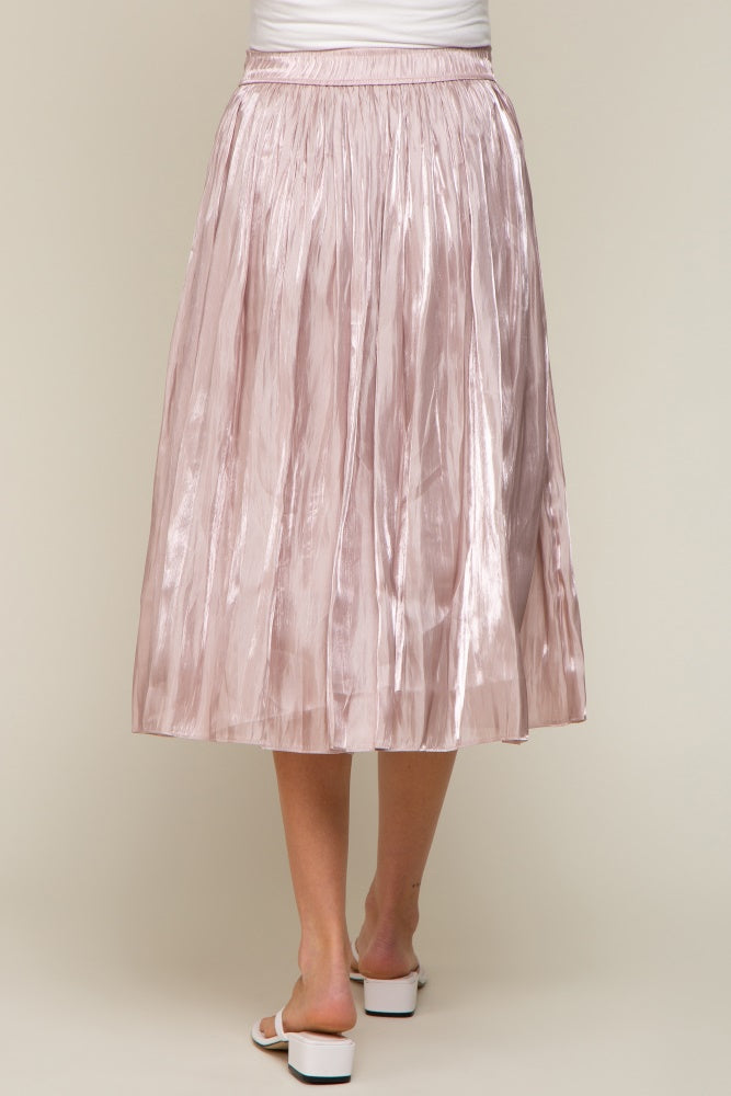 Light Pink Pleated Shimmer Satin Maternity Midi Skirt