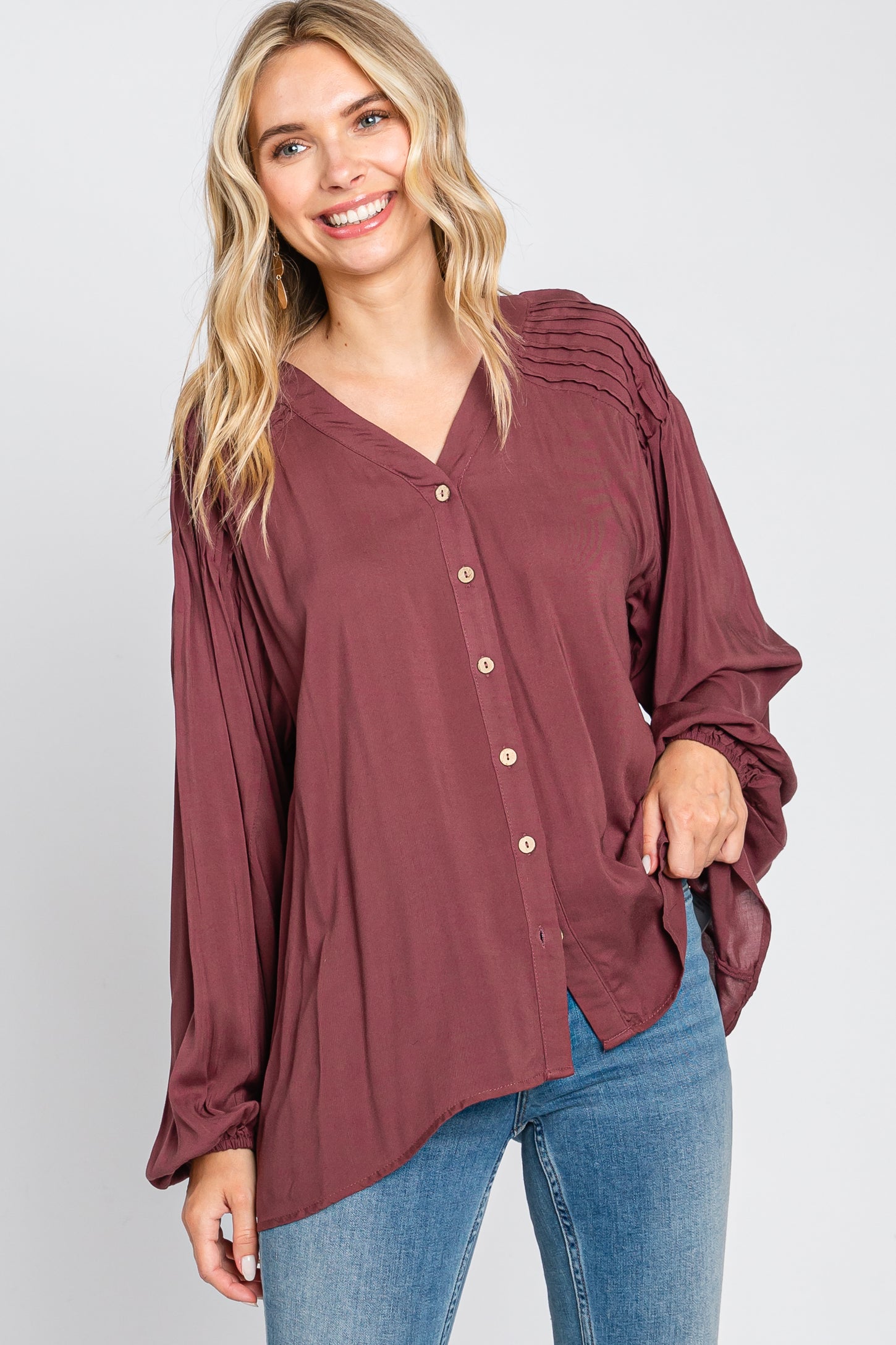 Burgundy Pleated Detail Maternity Blouse