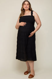 Black Smocked Square Neck Maternity Plus Midi Dress