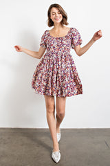 Purple Floral Printed Poplin Mini Dress