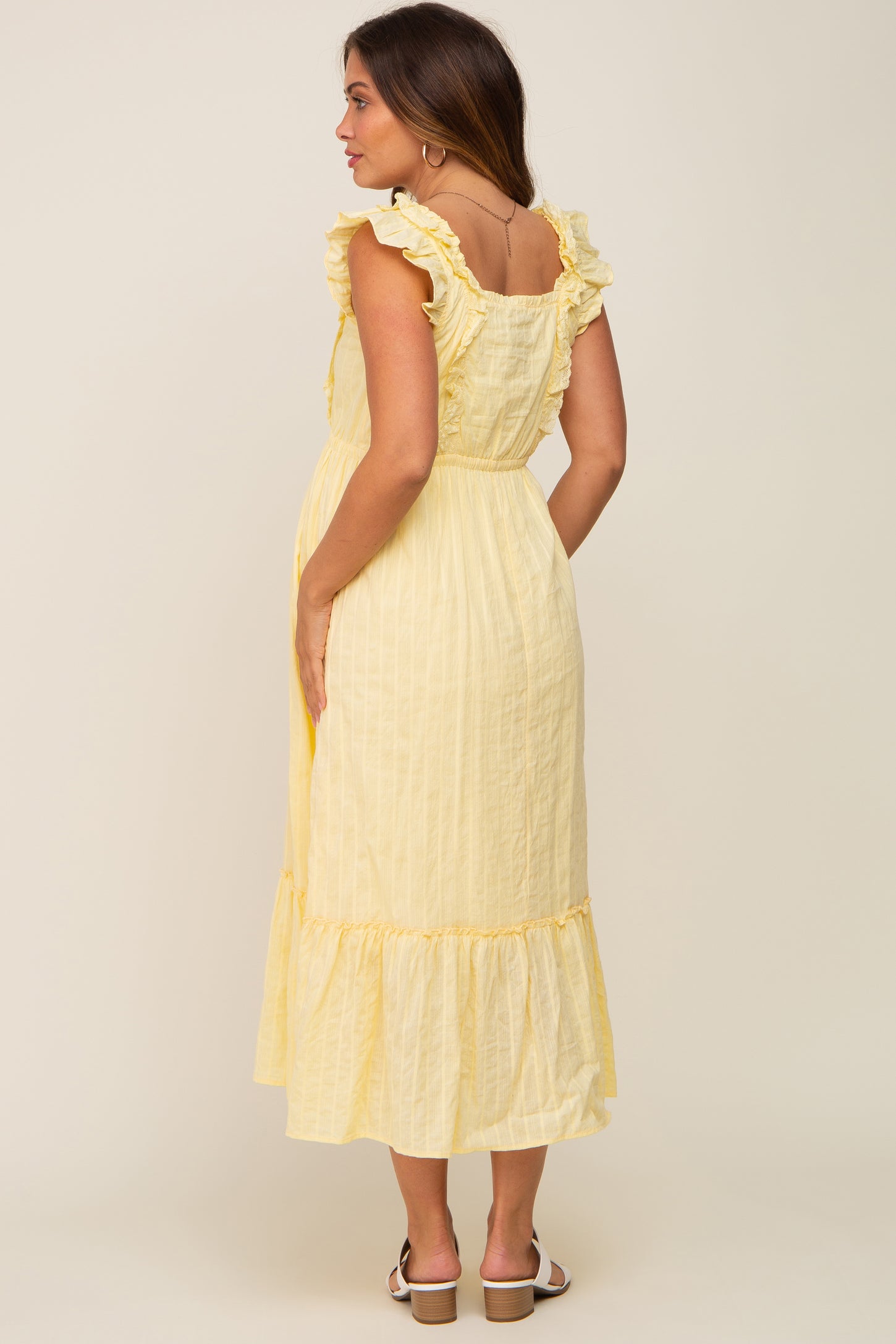 Yellow Lace Pleated Maternity Midi Dress