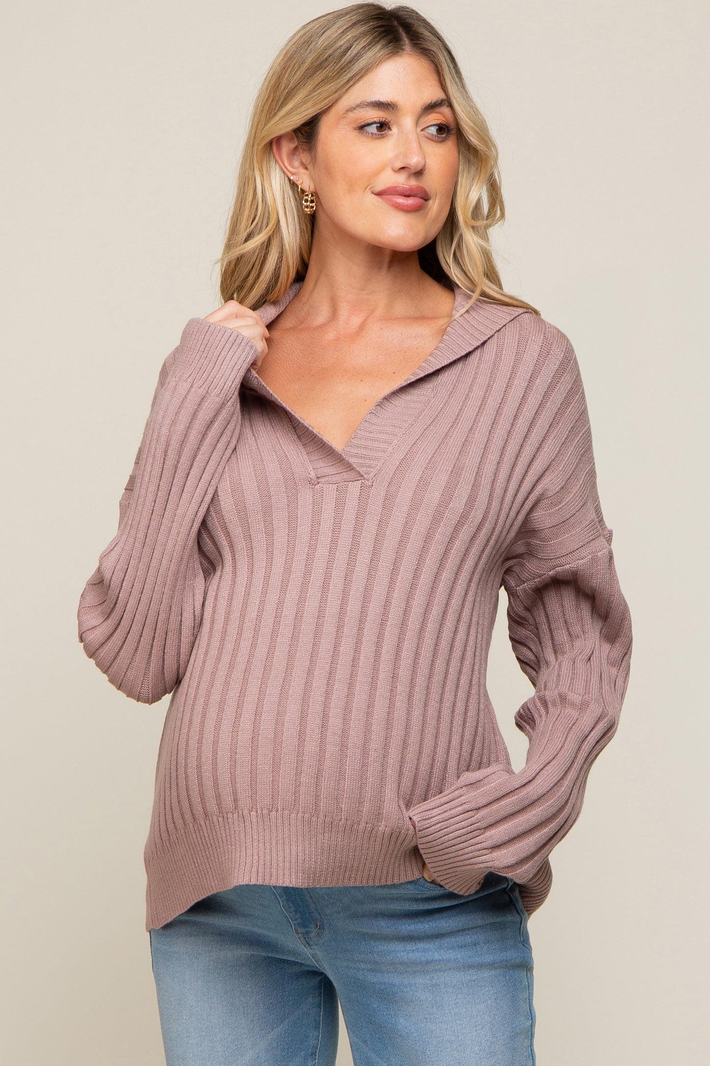 Mauve Ribbed Knit Collared Long Sleeve Maternity Top