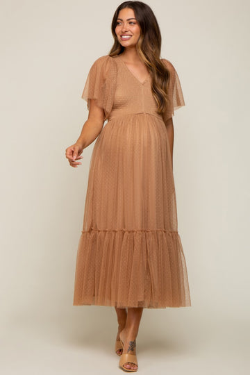 Mocha Dotted Tulle Smocked Maternity Midi Dress