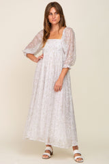 Silver Floral Square Neck Puff Sleeve Organza Maxi Dress