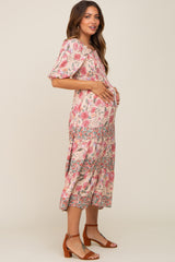 Mauve Floral Puff Sleeve Tiered Maternity Midi Dress