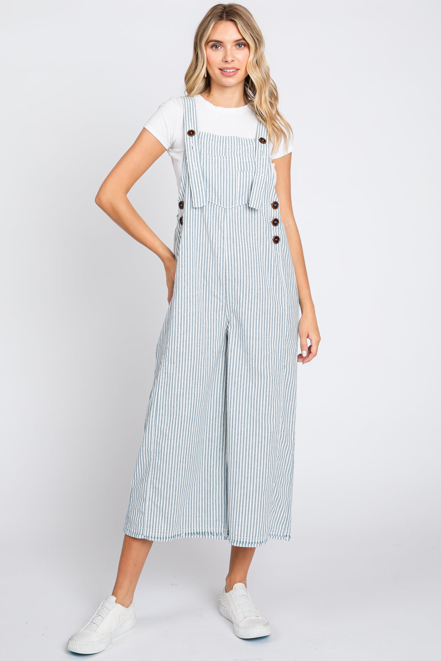 Blue Striped Crop Wide Leg Linen Maternity Overalls