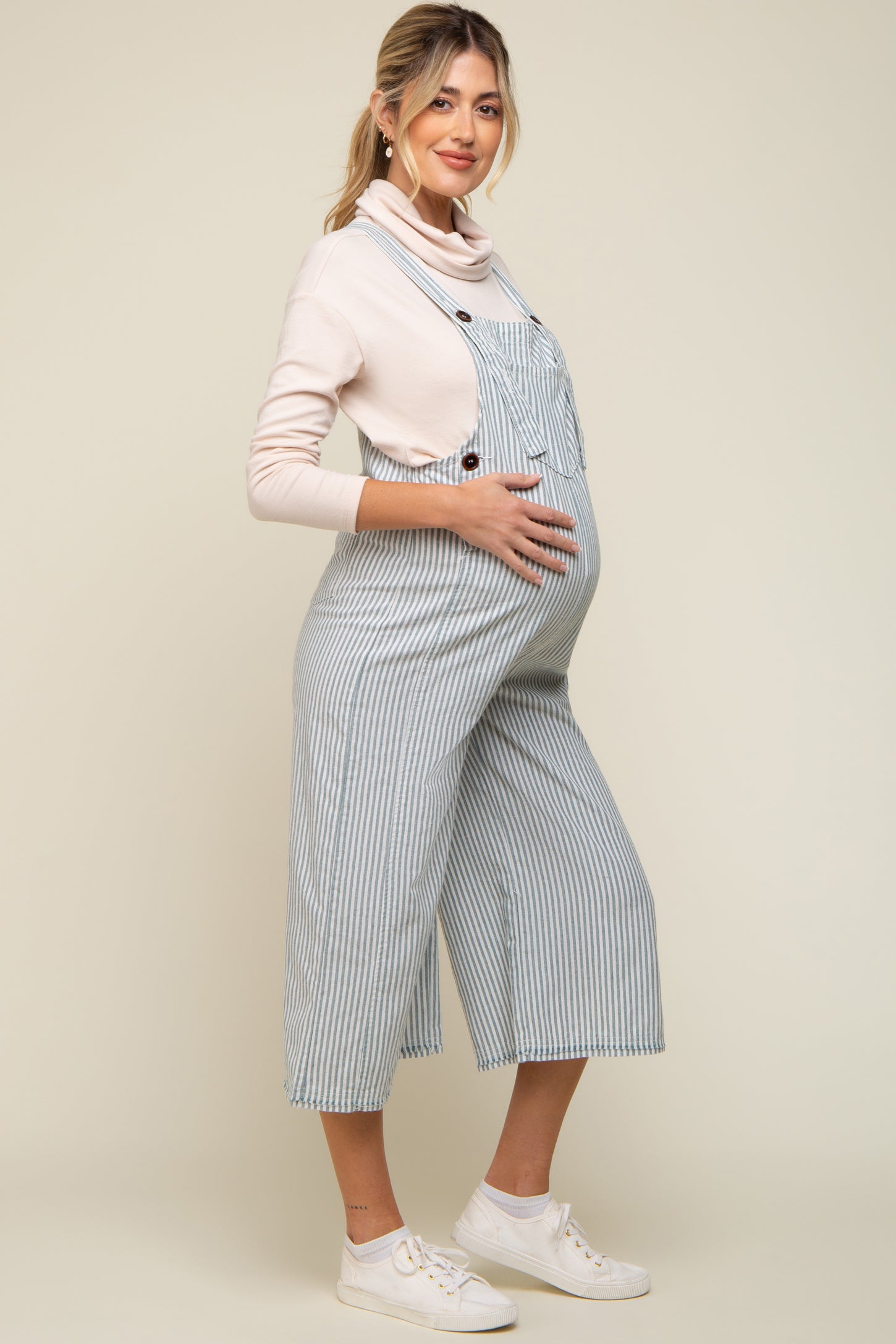 Blue Striped Crop Wide Leg Linen Maternity Overalls