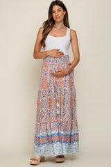 Blue Printed Smocked Waist Maternity Maxi Skirt