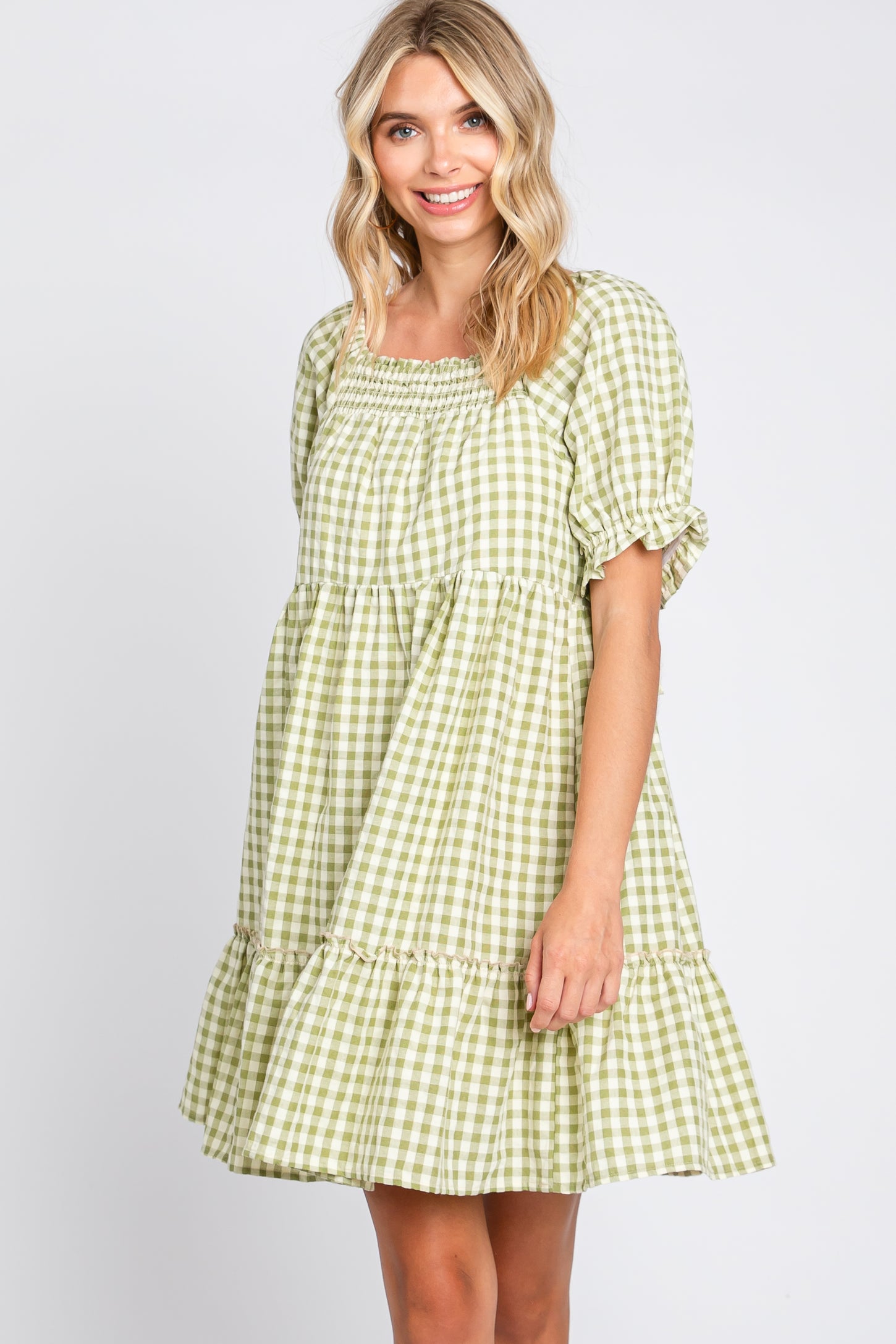 Sage Gingham Tiered Dress