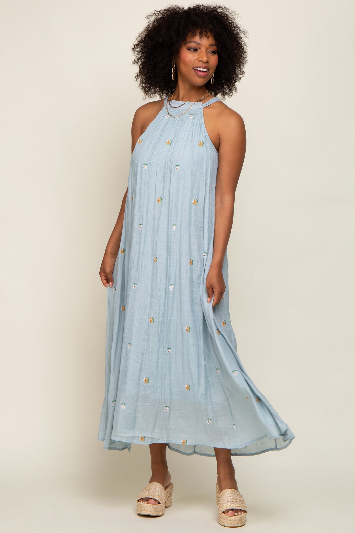 Light Blue Floral Embroidered Smocked Halter Maternity Midi Dress Light Blue Floral Embroidered Smocked Halter Maternity Midi Dress