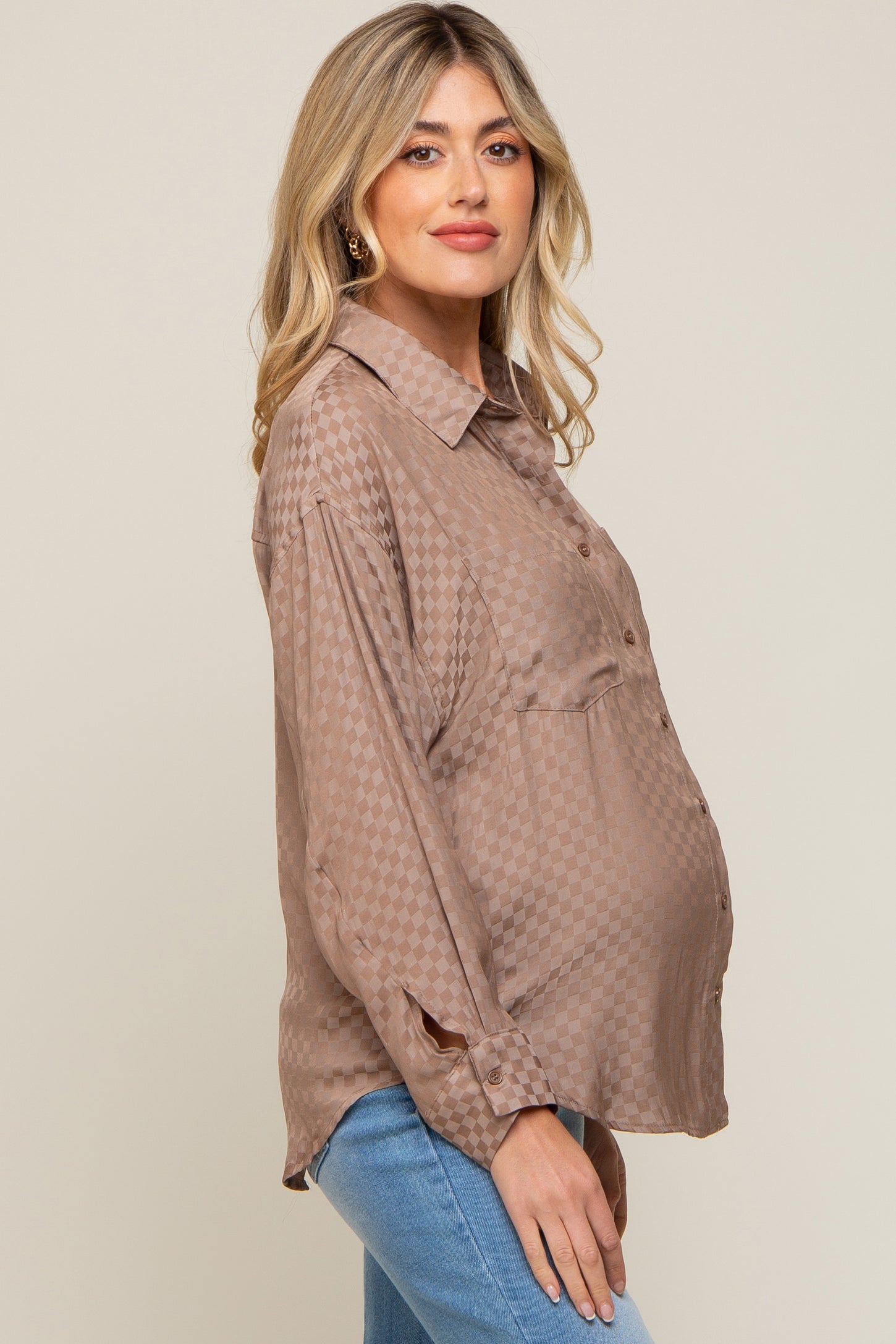 Brown Satin Checkered Button-Down Long Sleeve Maternity Top