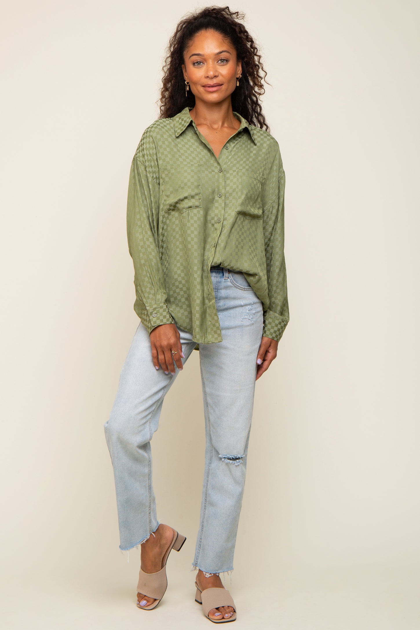 Olive Satin Checkered Button-Down Long Sleeve Top