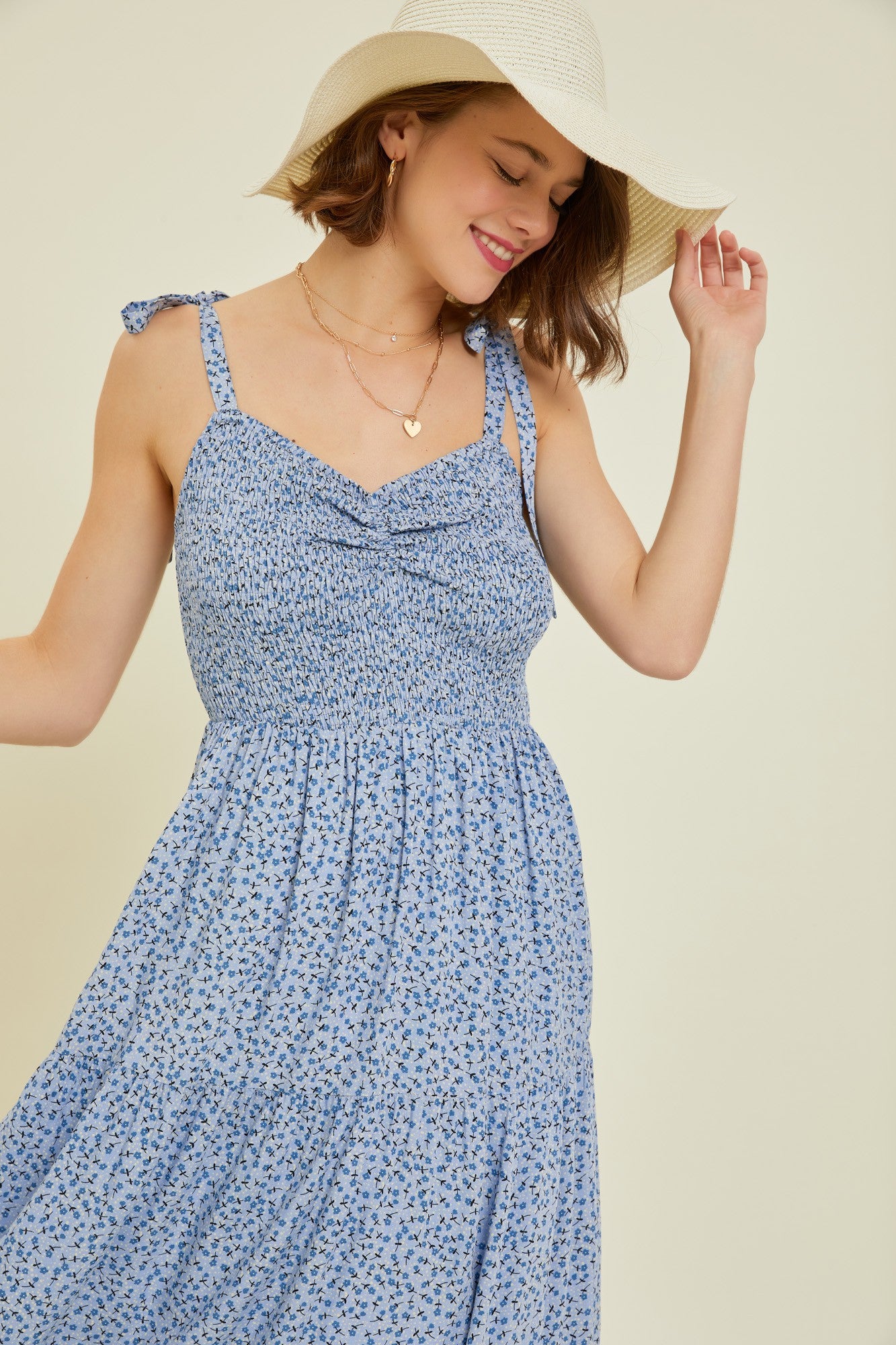 Blue Floral Smocked Midi Dress