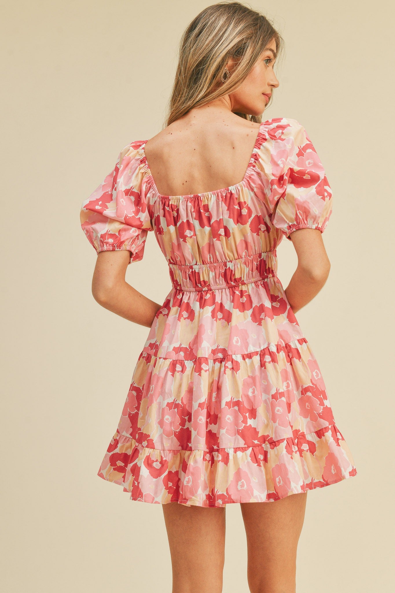 Pink Floral Print Tiered Mini Dress