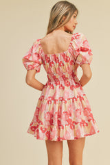 Pink Floral Print Tiered Mini Dress