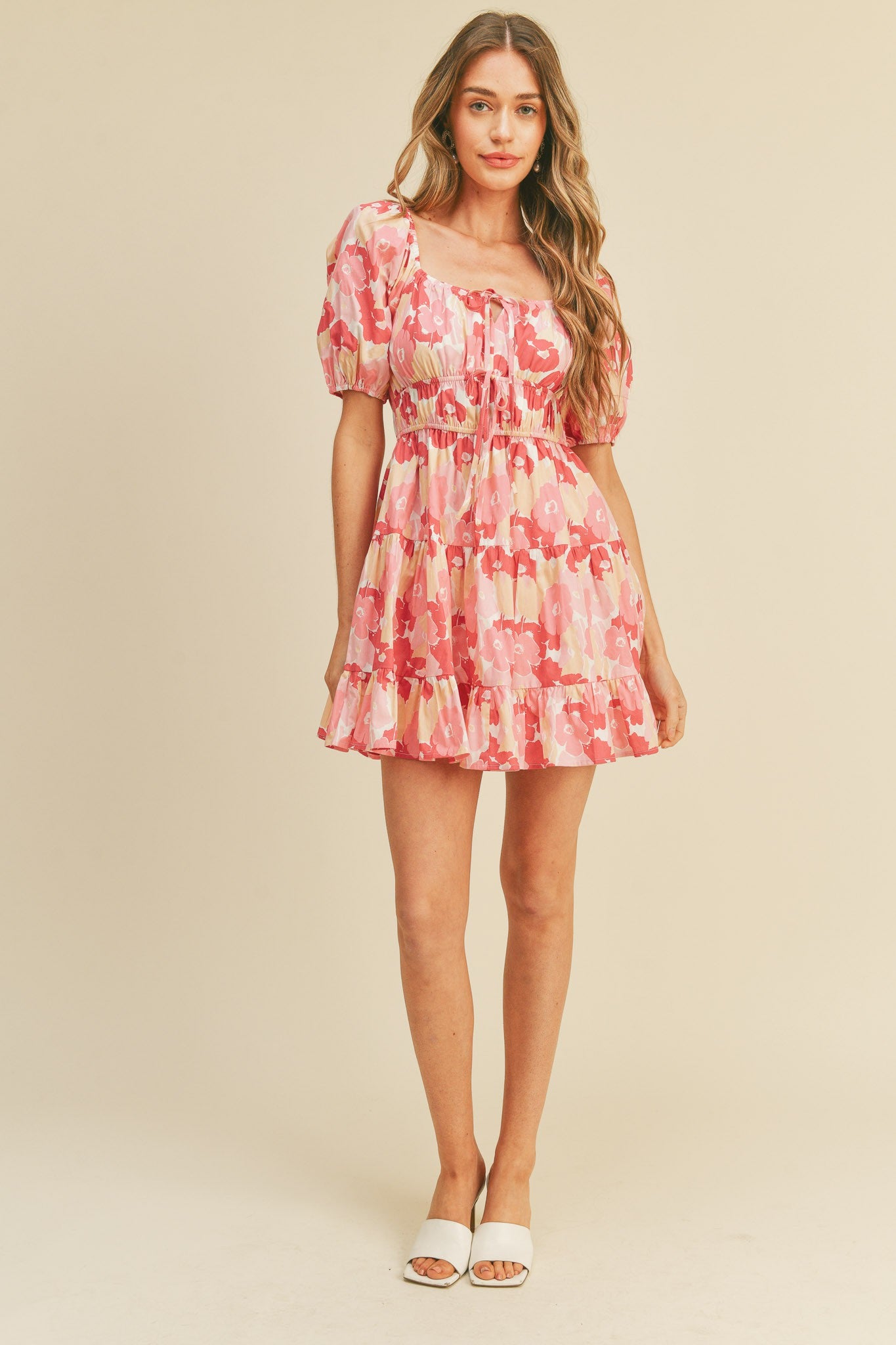 Pink Floral Print Tiered Mini Dress