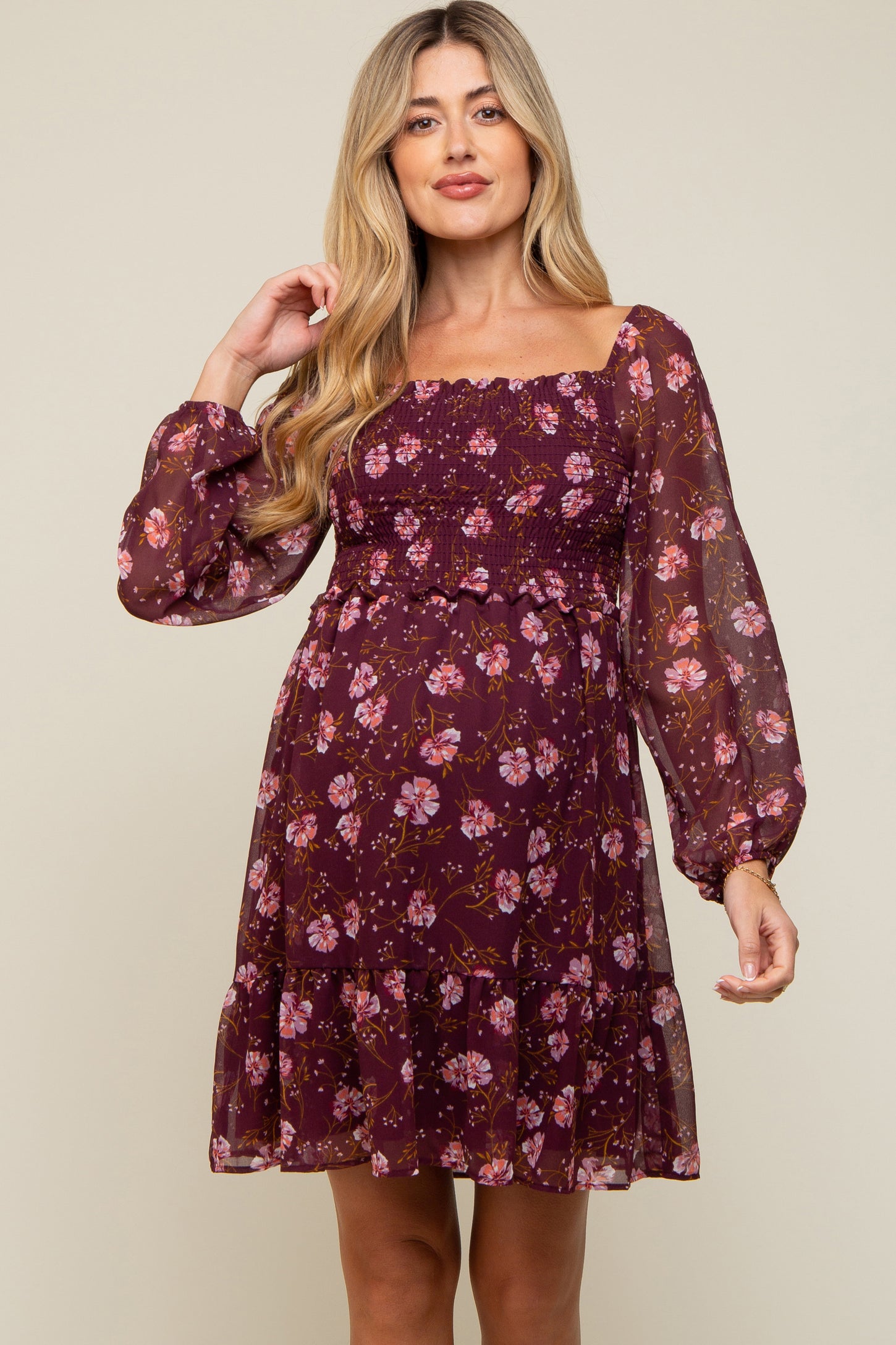 Burgundy Floral Smocked Long Sleeve Maternity Dress