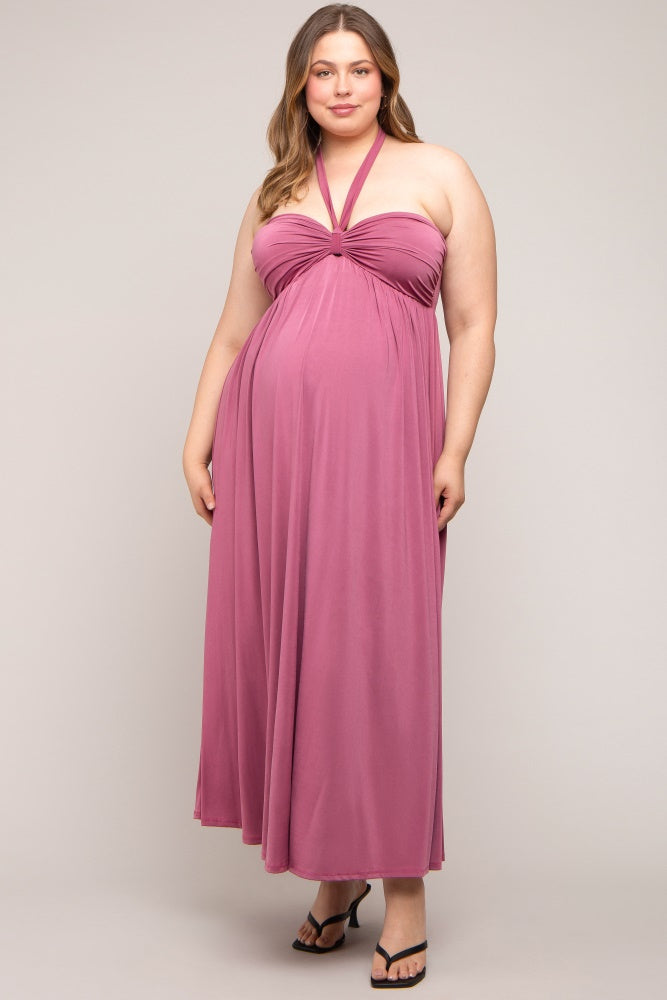 Mauve Front Knot Halter Maternity Plus Maxi Dress