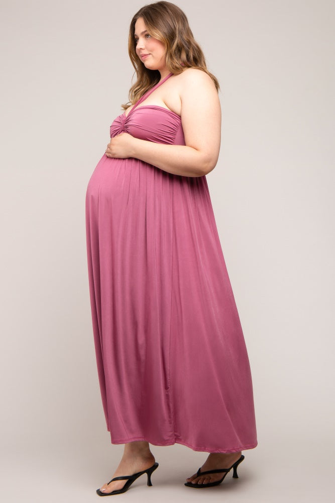 Mauve Front Knot Halter Maternity Plus Maxi Dress