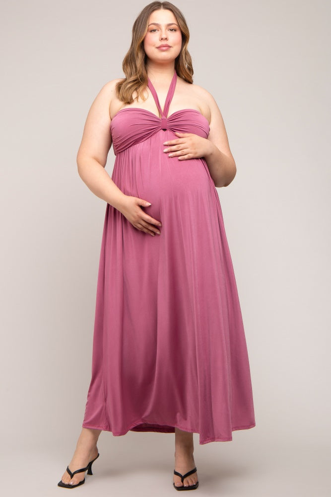 Mauve Front Knot Halter Maternity Plus Maxi Dress