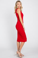 Red Ribbed Fitted Midi Dress