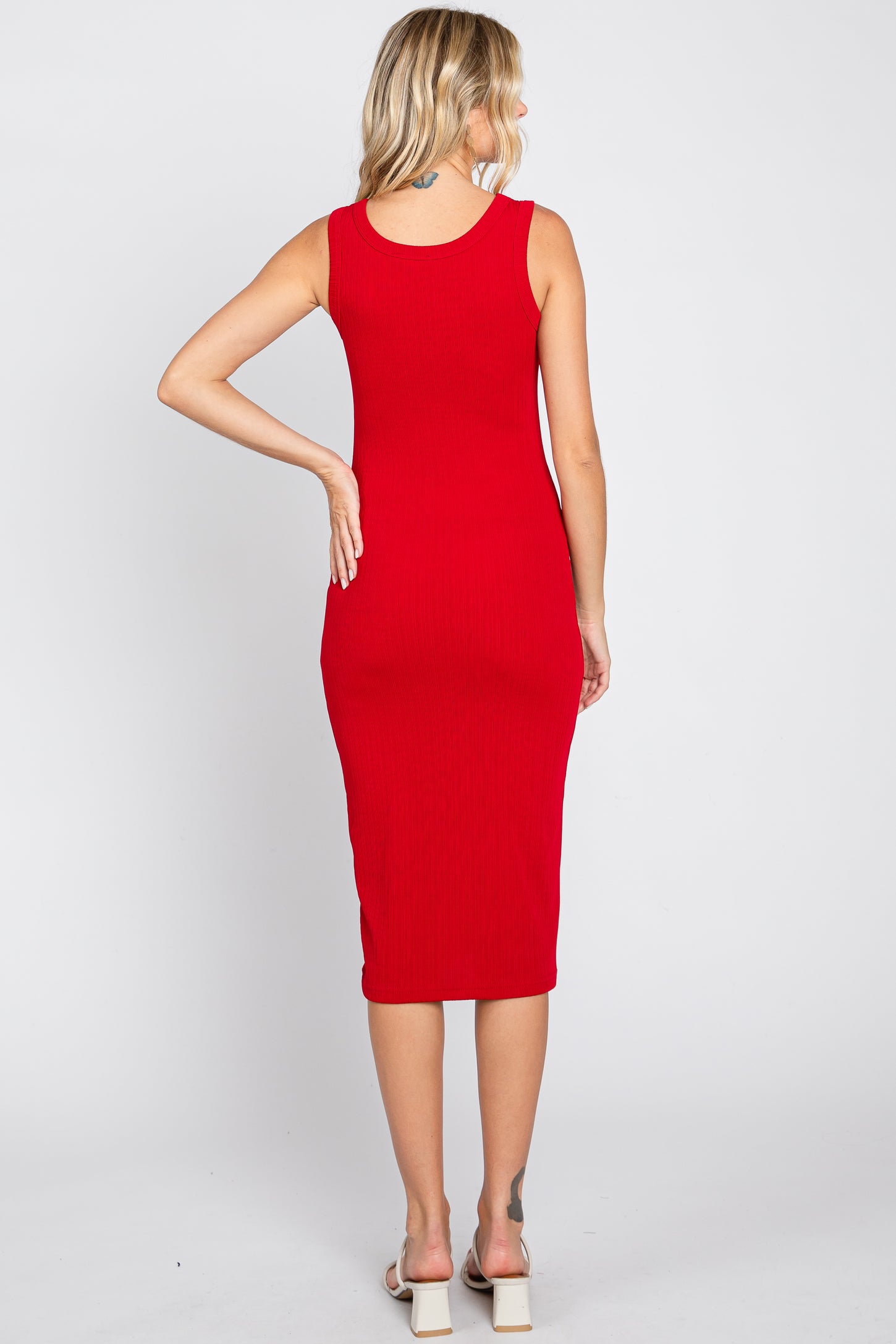 Red Ribbed Fitted Midi Dress